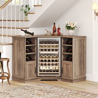 Meuble à vin de salon avec refroidisseur intégré et étagères vitrées, finition givrée à lueur ambiante, gain de place, en acacia et cuivre