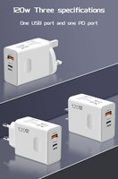 Pengisi Daya Dinding USB 120W QC3.0 Super Cepat, Adaptor Catu Daya Pengisian Cepat 6A, Kabel Data USB C, Kabel Tipe C, Colokan Pengisi Daya Ponsel