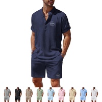 Bande personnalisée col demi boucle ouverte chemise taille élastique poches latérales Shorts costume de haute qualité doux respirant 100 lin ensemble hommes