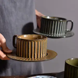 Creative French Style Kiln Process Retro Ceramic Coffee Cup Saucer Set Tea Cup Pull Flower Ceramic Mug Porcelain Coffee Cup