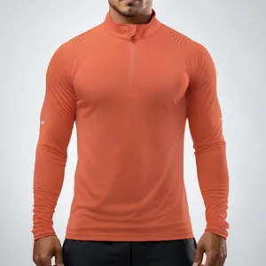 Mens Athletic Shirt Mesh Stof Ademend Fitness Jogging Shirts Mannen 1/4 Zip Lange Mouw T-shirt