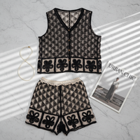 Ensemble gilet et short en crochet pour femme, style bohème, à carreaux et motifs floraux, ajouré, sans manches, col en V, OEM ODM