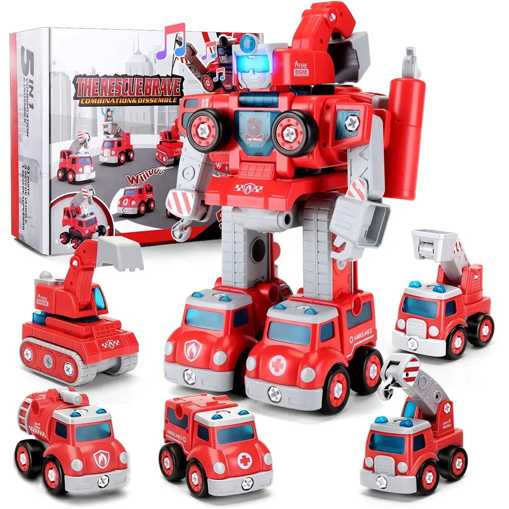 STEM kids building toys 5 in 1 fire rescue truck construction transform car take apart robot toys vehicle for kids