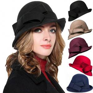 <span class=keywords><strong>Sombreros</strong></span> <span class=keywords><strong>de</strong></span> fieltro <span class=keywords><strong>de</strong></span> lana vintage cálidos <span class=keywords><strong>de</strong></span> invierno para mujer con logotipo personalizado, lazo y visera, ideales para fiestas, ceremonias, iglesias, estilo Kentucky - Product Image 4