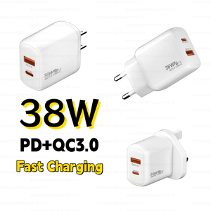 2025ใหม่ EU US UK Type C ที่ชาร์จไฟติดผนัง38W USB อะแดปเตอร์เดินทาง QC3.0 PD 20W ที่ชาร์จ Type C สำหรับ <span class=keywords><strong>iPhone</strong></span> 15 16 <span class=keywords><strong>Pro</strong></span> <span class=keywords><strong>Max</strong></span> PLUS - Product Image 3