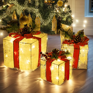 Lot de 3 guirlandes lumineuses LED de Noël en forme de boîte cadeau pour extérieur, avec éclat festif chaleureux, alimentées par piles, indice IP44, 8 modes, style personnalisé - Product Image 2