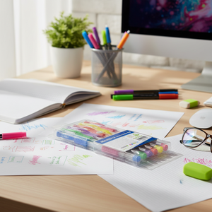 Set di 6 Penne Gel Fluorescenti con Impugnatura Triangolare Standard Europeo PVC 0.5mm Disponibili in Rosa Blu Viola Verde Realizzate in Plastica Metallo - Product Image 3