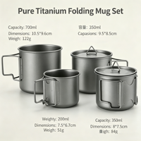 Ensemble de tasses pliantes en titane pur pour le camping en plein air, avec couvercle, empilables, ultra-légères, portables, en titane