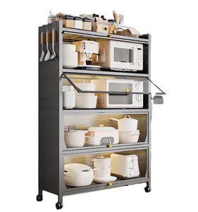 Armoire de cuisine sur pied avec porte rabattable anti-poussière armoire de rangement de cuisine en bambou pour bol à épices organisateur de plats