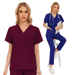 기본 디자인 V 목 반팔 병원 의료 노동자 유니폼 의료 간호사 원피스 스크럽 유니폼 도매