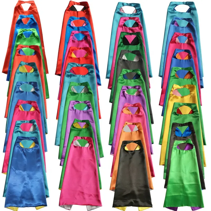 Kids Superhero Solid Color Double Layer Side Reversible Capes and Masks Set For Halloween Cosplay Birthday Party