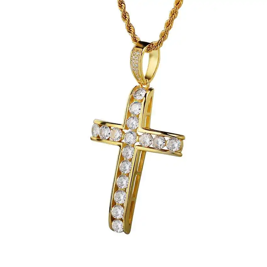 Jewelry Ethiopian Gold Plated Cubic Zirconia Iced Out Diamond Faith Cross Necklace Pendant