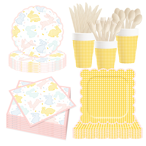 DAMAI Easter Party Theme Decor Bulk Wholesale Set Yellow Check Easter Rabbit Paper Plates <b>Tablecloth</b> Party <b>Disposable</b> Tableware - Product Image 2