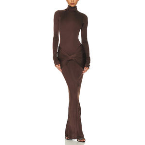 Zyht 73273 מפעל oem צבע מוצק שמלות מקסי נשים שרוול ארוך מתיחה גבוהה גוף ארוך מתיחה גבוהה בוגדון החורף שמלת turleneck - Product Image 3