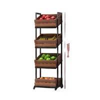 4-laags houten krat displayrek met zwenkwielen, geperforeerde bakken, metalen frame, mobiel voor fruit, groenten, supermarkt, winkel