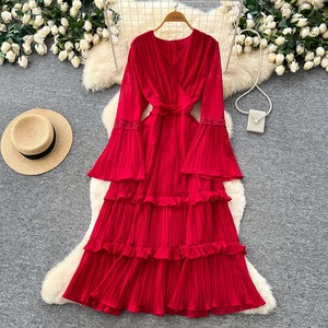 Vintage V-neck Dress Women's Elegant Long Sleeve <b>Glitter</b> Tiered Hem Maxi Dress - Product Image 3