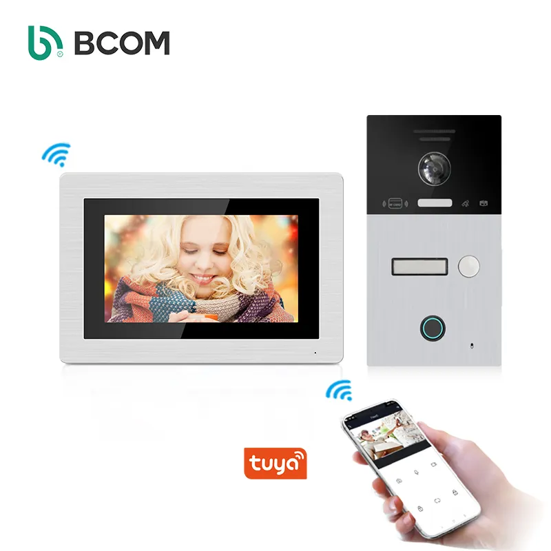 BcomtechドアエントリーシステムアパートIP WiFi 7インチタッチスクリーンオーディオビデオドアホンRFIDカードで設定