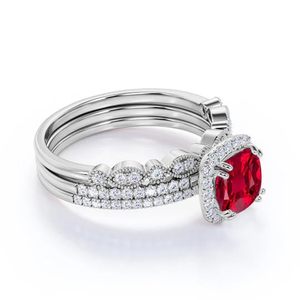 <b>925</b> Sterling <b>Silver</b> Lab Created Ruby Cushion Cut Classic Engagement Wedding <b>Ring</b> Diamond Halo Gemstone - Product Image 2