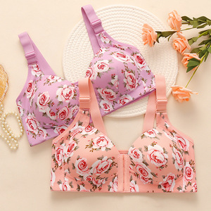 Bulk Wholesale Rose Floral Print Front Closure Bralette Comfort Soft Support Wireless Plus <strong>Size</strong> Push up <strong>Bra</strong> for Women Big Chest - Product Image 1
