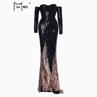 Robe de Soirée de Robe de Bal de Luxe Élégante et Longue à Épaules Sirène Noire à Paillettes