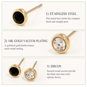 Boucles d'oreilles clous rondes en zircon, acier inoxydable plaqué or 14 carats sous vide, 6,5 mm, sertissage noir transparent, bijoux - Product Image 5