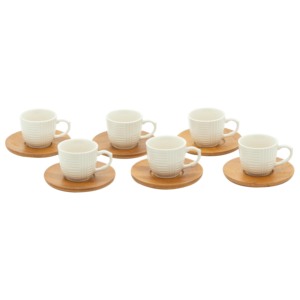 Juego de 6 tazas de café de cerámica blanca con platillos de madera para servir té o café - Product Image 1