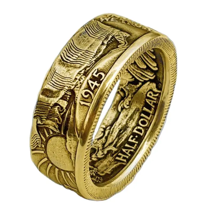 Coin Rings for Men Vintage Fashion Punk Jewelry Mens Antique Wedding Band Engagement Ring Male Gifts Half Dollar Silver Color NR