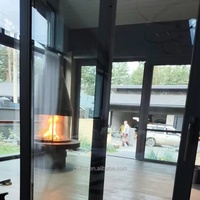 Cheminée suspendue à bois, design personnalisé, neuve d'usine, pour intérieur, avec table ronde en verre