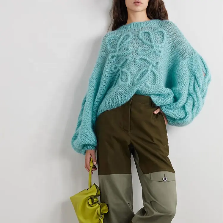 Knitwear manufacturers custom blue round neck lantern sleeve long sleeve hollow out woolen sweater women knit sweater