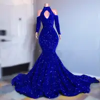 प्लस आकार रॉयल ब्लू सेक्विन प्रोम कपड़े लंबी आस्तीन मरमेड शाम गाउन 2021 सुरुचिपूर्ण बंद कंधे महिलाओं औपचारिक पोशाक