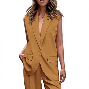 Women's Sleeveless <b>Blazer</b> <b>Set</b> Solid Color Crepe Fabric Two Piece Suit Casual Spring Summer Notched Collar Regular Fit - Product Image 1
