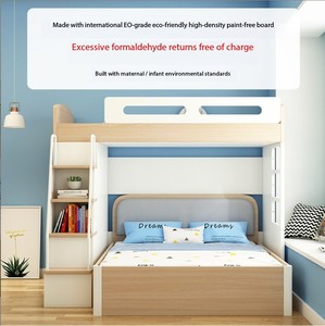 Lits superposés muraux en bois de pin massif écologiques modernes pour adolescents avec rangement, armoire et bureau double - Product Image 5