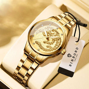 Montre de luxe dorée pour femme, étanche, lumineuse, à quartz, motif Dragon Phénix, pour couple, bracelet en acier inoxydable et cuir - Product Image 1