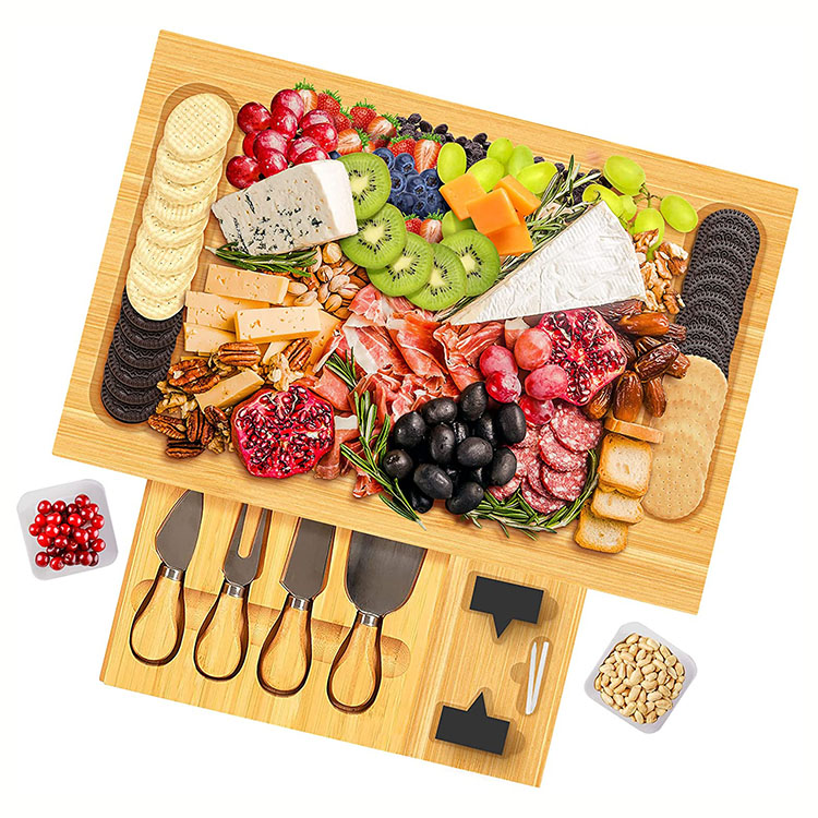 Çok fonksiyonlu cheeseboard bambu peynir chees tabloları charcuterie kurulu tabağı gizli slayt çekmeceleri ile set