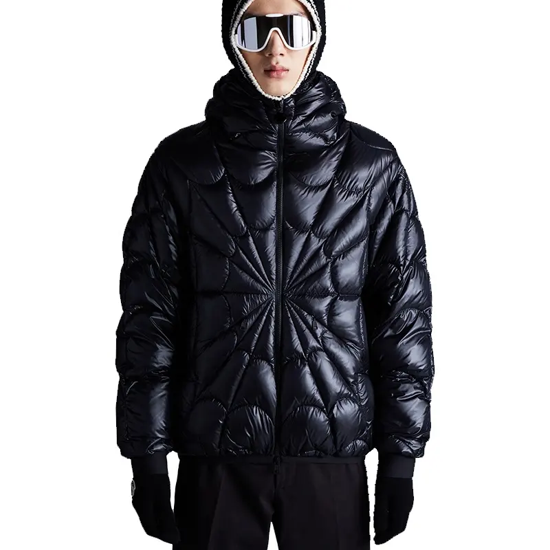 Oem Men's Black Spider Down Filled Nylon Satin Jacket Custom High Quality Exclusive Graphic Pattern Quilted Mens Puffer Coat