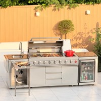 Cuisine extérieure de luxe moderne en acier inoxydable, barbecue à gaz, réfrigérateur, évier, GPL/GN, 8 brûleurs infrarouges réglables et pliables