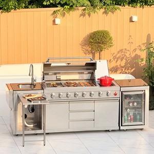 Cuisine extérieure de luxe moderne en acier inoxydable, barbecue à gaz, réfrigérateur, évier, GPL/GN, 8 brûleurs infrarouges réglables et pliables - Product Image 6