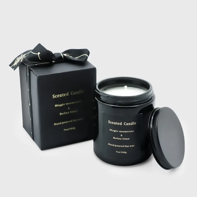 Schlussverkauf schwarze Kerzen duftende Luxus Großhandel 7 Oz 8 Oz natürliche Soja-Wachskerze mit Deckel und Boxverpackung