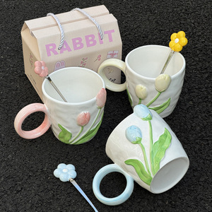 Hiện đại sang trọng Tulip hoa thiết kế sứ Mug muỗng lò vi sóng an toàn sinh thái thân thiện hoàn hảo Ý tưởng quà tặng kinh doanh cho các cặp vợ chồng bên - Product Image 2