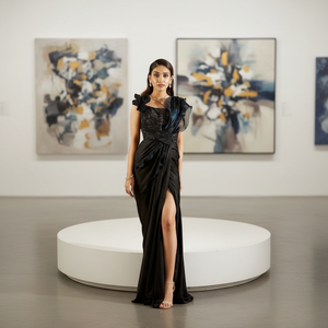 Sari Negro de Diseño AKS GROUP, Atuendo Étnico Moderno, Trabajo Delicado, Secado Rápido, para Todas las Estaciones, Fiestas, Eventos, Ocasiones Especiales - Product Image 1