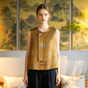 Gilet doré en soie de mûrier brocart Song, style chinois traditionnel rétro, col rond, motif fleur Bao Xiang, polyvalent, pour femme 5138 - Product Image 1