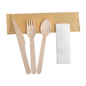 Nhà Máy Giá 160 mét dao gỗ muỗng nĩa đặt giấy bao gồm khăn ăn bằng gỗ dùng một lần dao kéo cá nhân đóng gói