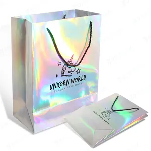 DF Custom Design Logo Holographic Thank You Fancy Shopping Laser Cosmetics Gift Box Elegant Big Package Cardboard Paper Bag