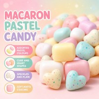 Assortiment de bonbons guimauves macaron pastel en forme de cœur et de cube, finition unie et mouchetée, pour décoration de fête et collation sucrée