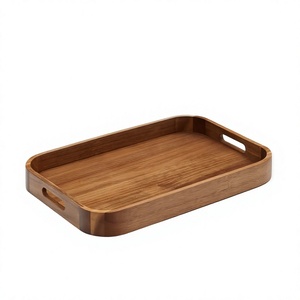 Plateau de service en bois brun écologique, peint à la main, design bohème rond, pour cadeaux, décoration de table, fabriqué au Vietnam - Product Image 1