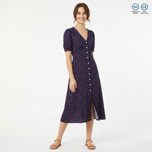 <span class=keywords><strong>Robe</strong></span> midi vintage française à motif floral, élégante, col en V, boutonnée, fendue, style bohème décontracté pour femme, vente en gros OEM/ODM - Product Image 1