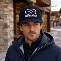 Gorra de béisbol unisex de algodón de sarga de 6 paneles con visera curva para pedidos al por mayor, con bordado de gafas de esquí, paquete para compradores de estaciones de nieve, logotipo personalizado