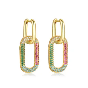 European Style Dangle Unique Coloured Zicornia Earrings Stainless Steel Green Pink Rhinestone Hoop Earring