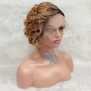 Perruque courte bob frontale en dentelle Pxie Cut Curly Lace Front Wig Ombre Honey Blonde Colored Human Hair Wigs Preplucked 13x1 pour femmes noires - Product Image 1