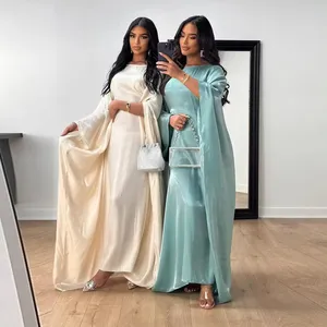 2024 EID New Design Closed Cotton Linen Abaya Custom Modest Fashion Bright Silk Satin Waist Abaya Dress Dubai Abaya Women Muslim